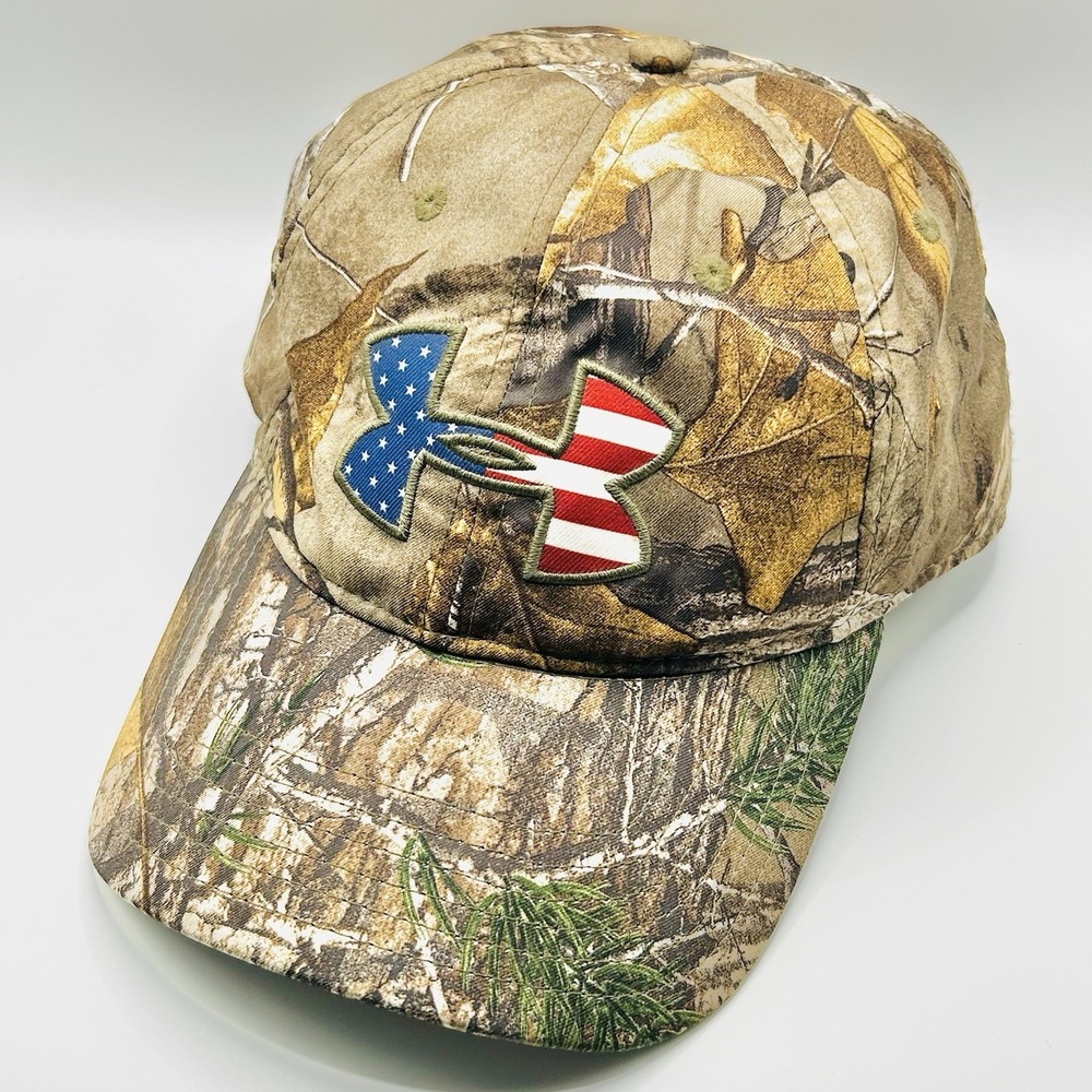 Under Armour USA Flag Logo Camo Hat Cap Adjustable Snapback Brown Hunting Casual
